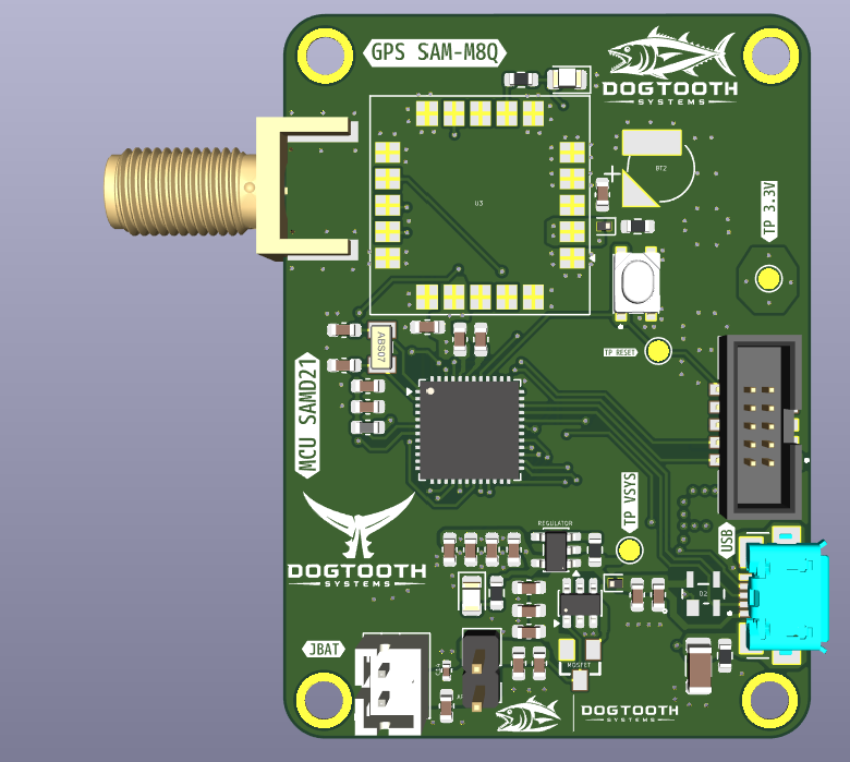 Custom avionics GPS/radio PCB — 3D render